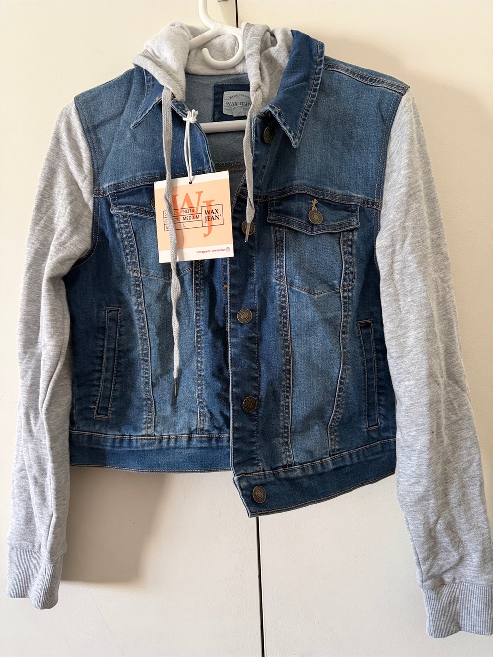 Wax Jean Blue Denim Jacket with Light Gray Hoodie Sleeves